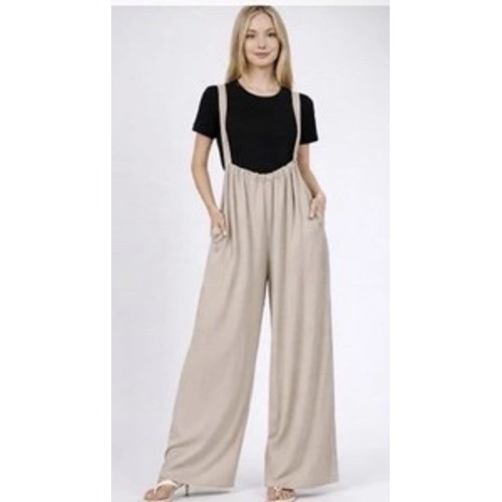Zenana Women Oatmeal Beige Wide Leg Jumper Overalls Strappy Boho Jumpsuit Pocket